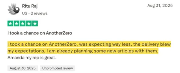 Ritu Raj's Trustpilot review