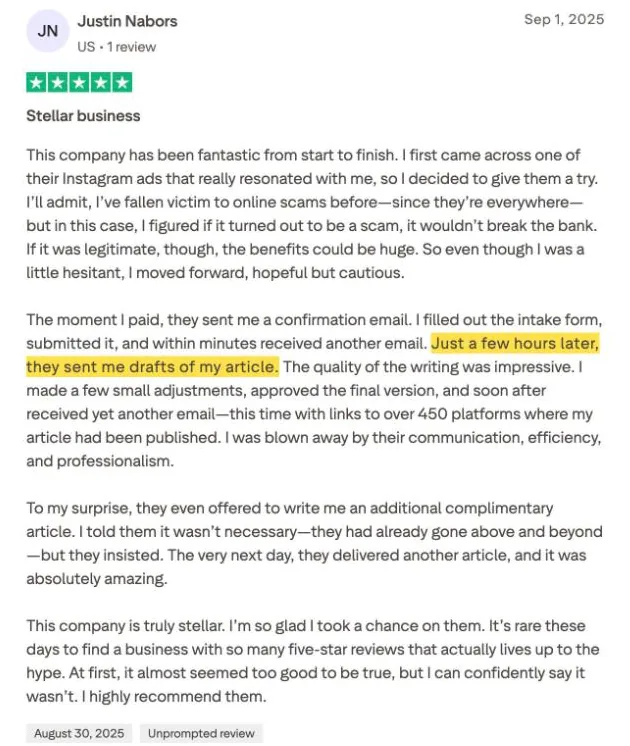 Justin Nabors's Trustpilot review