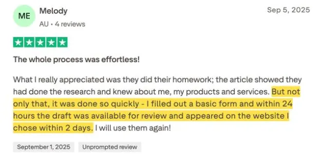 Melody's Trustpilot review