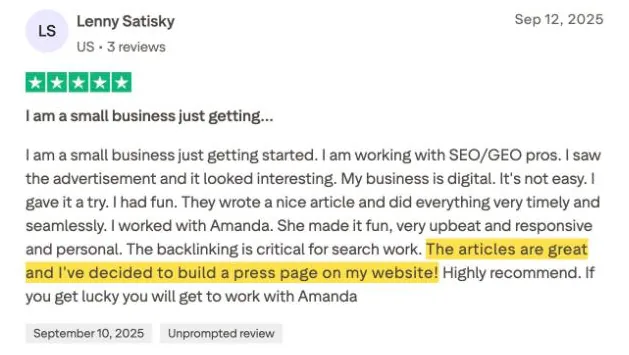 Lenny Satisky's Trustpilot review