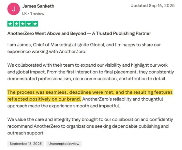 James Sanketh's Trustpilot review