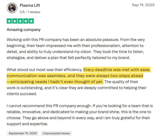 Plasma Lift's Trustpilot review