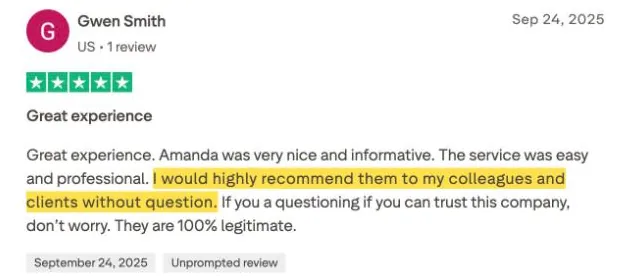 Gwen Smith's Trustpilot review