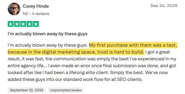 Corey Hinde's Trustpilot review