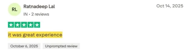 Ratnadeep Lal's Trustpilot review