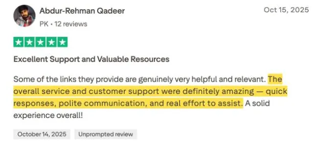 Abdur-Rehman Qadeer's Trustpilot review
