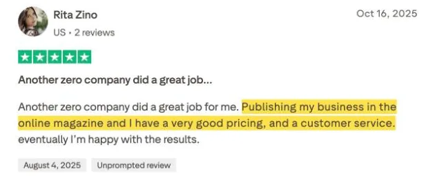 Rita Zino's Trustpilot review