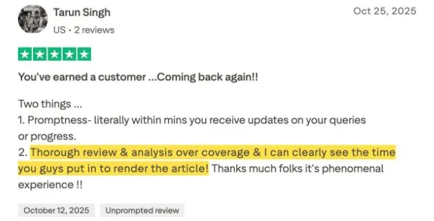 Tarun Singh's Trustpilot review