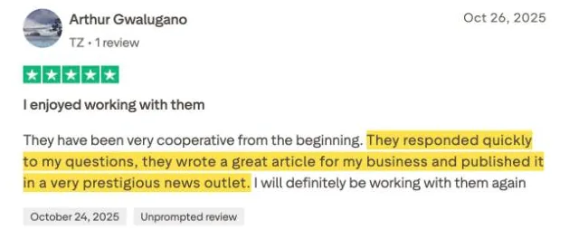 Arthur Gwalugano's Trustpilot review