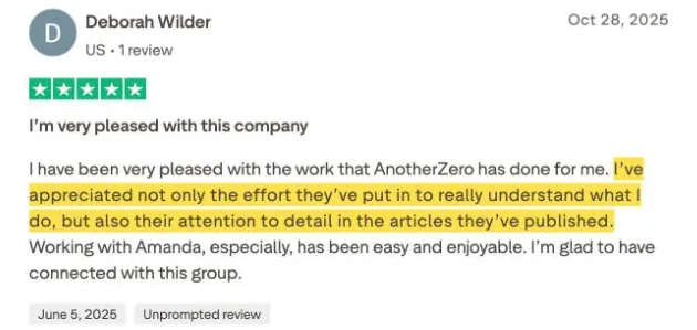 Deborah Wilder's Trustpilot review