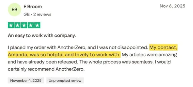 E Broom's Trustpilot review