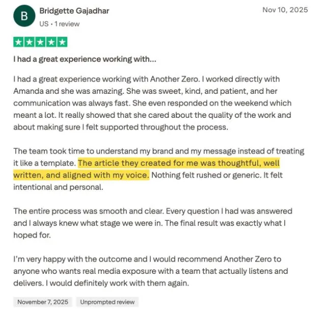 Bridgette Gajadhar's Trustpilot review
