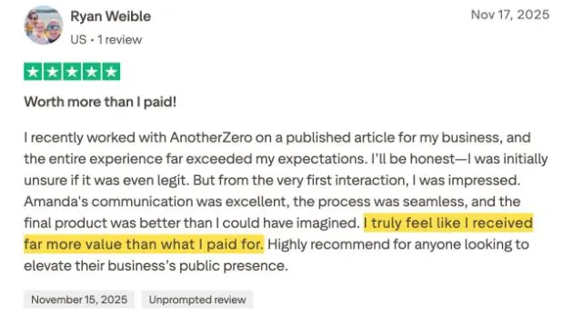 Ryan Weible's Trustpilot review