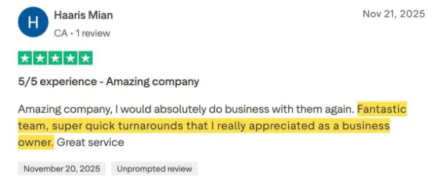 Haaris Mian's Trustpilot review