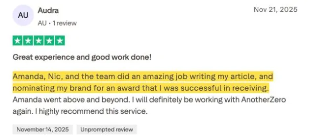Audra's Trustpilot review