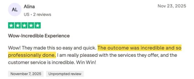 Alina's Trustpilot review
