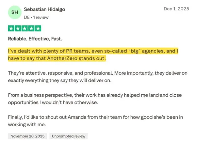 Sebastian Hidalgo's Trustpilot review