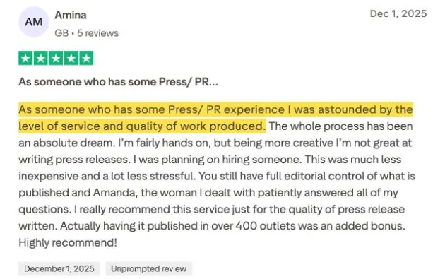 Amina's Trustpilot review