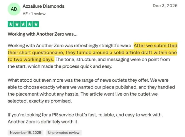 Azzallure Diamonds's Trustpilot review
