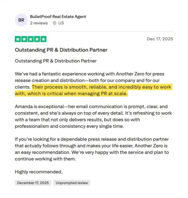 BulletProof Real Estate Agent's Trustpilot review