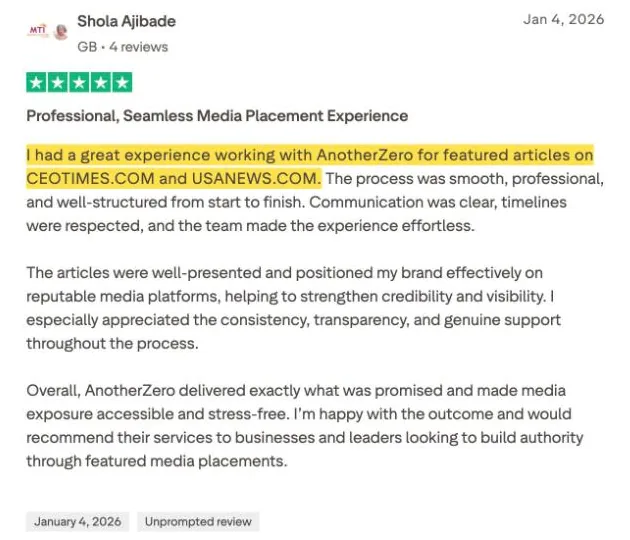 Shola Ajibade's Trustpilot review