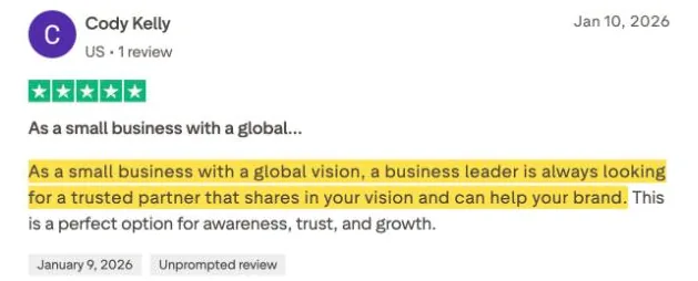 Cody Kelly's Trustpilot review
