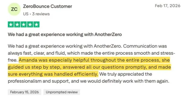 ZeroBounce Customer's Trustpilot review