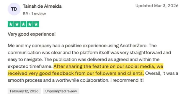 Tainah de Almeida's Trustpilot review