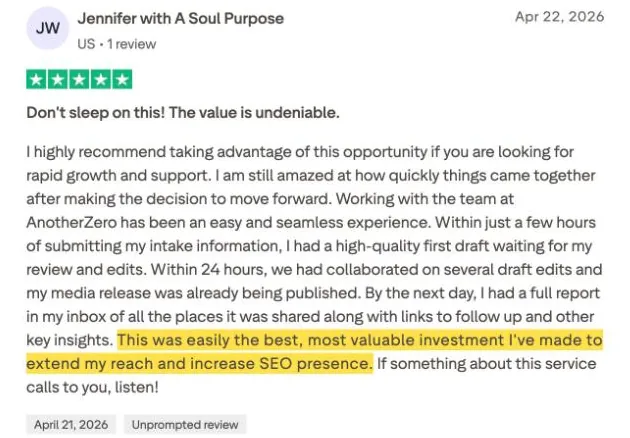 Jennifer with A Soul Purpose's Trustpilot review