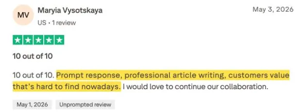 Maryia Vysotskaya's Trustpilot review