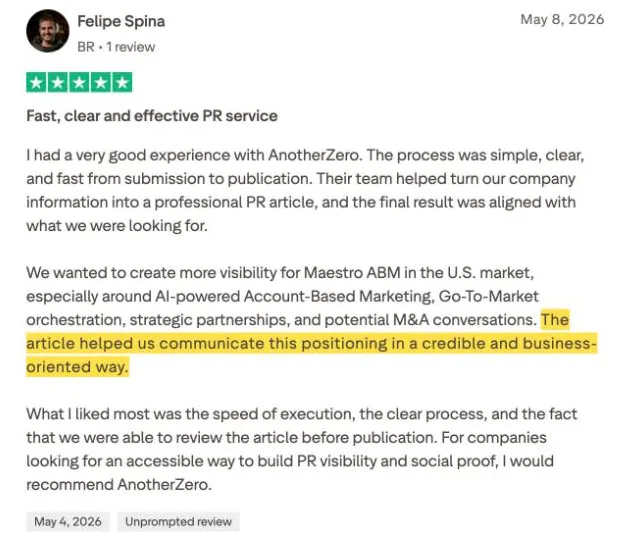 Felipe Spina's Trustpilot review