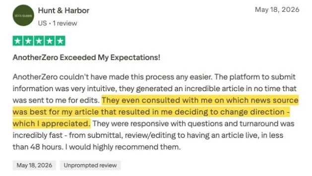 Hunt & Harbor's Trustpilot review