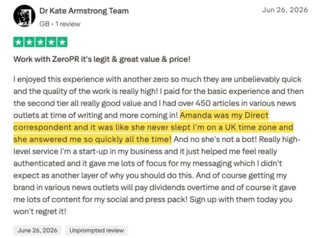 Dr Kate Armstrong Team's Trustpilot review