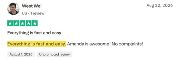 West Wei's Trustpilot review